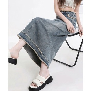 Jupe en jean fine à bords bruts pour femme, style rétro bleu, mi-longue, taille haute, tendance - Product Image 5