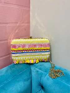 Bolso de Mano Tipo Clutch Bohemio con Bordado Textil, Correa de Cadena con Borlas, Patrón Geométrico, para la Noche de Verano - Product Image 2