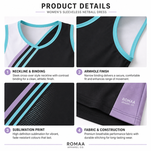 Vestido de Netball Personalizado en Negro, Blanco, Aqua y Lila para Mujer, Sin Mangas, Cuello en V Asimétrico, Secado Rápido, Uniforme Deportivo para Equipo - Product Image 4