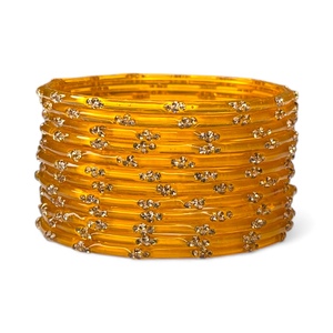 High Quality Trendy Women's Kashmiri Yellow Raindrop Glass Bangle Set Emerald Cut Pearl Gold Plated Traditional <b>Wedding</b> - Product Image 5
