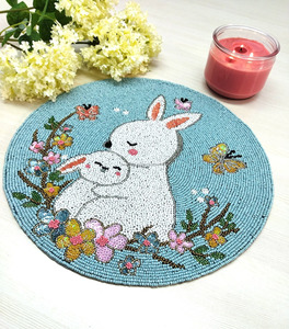Cute <b>Beaded</b> Bunny <b>Placemat</b> Round Handmade Seed Bead Reusable 500mm Diameter Canvas Floral Christmas Dining Table Decor - Product Image 3