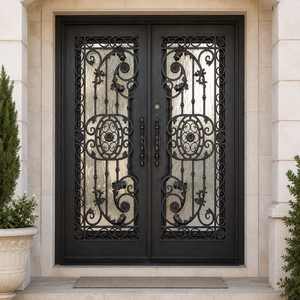 Porte d'entrée double en fer forgé noir de luxe avec panneaux en verre dépoli et motifs sculptés pour entrée de villa - Product Image 3
