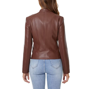 Chaqueta de cuero informal para mujer, con estampado personalizado, talla estándar, cuello alto, transpirable, ropa exterior informal de cuero. - Product Image 2
