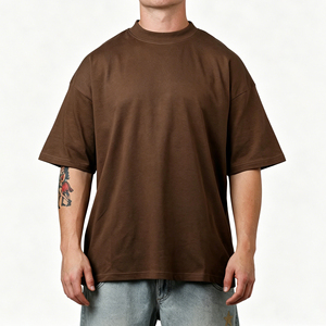 เสื้อยืดคอกลมแขนสั้นทรงหลวมสไตล์โอเวอร์ไซส์สำหรับผู้ชาย สีน้ำตาลล้วน ผ้าฝ้าย ทรงหลวมสบาย แบบดรอปไหล่ - Product Image 5