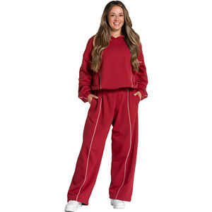 เสื้อฮู้ดสตรีทแวร์โอเวอร์ไซส์สีแดงสำหรับฤดูหนาว แต่งแถบสีตัดกัน ไหล่ตก ผ้าฝ้ายฟลีซ 100% สไตล์สปอร์ต - Product Image 1