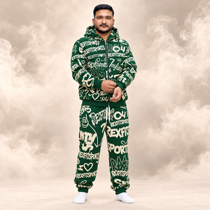 Ensemble de survêtements unisexe vert forêt et crème avec sweat à capuche zippé et pantalon, impression intégrale personnalisée, streetwear décontracté, vente en gros - Product Image 6