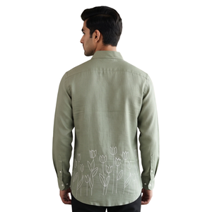 Chemise à manches longues pour homme, imprimé floral vert sauge, boutonnée, coupe ajustée, chemise habillée décontractée, fournisseur de vêtements personnalisés - Product Image 2