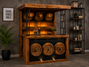 Conjunto de Muebles de Bar de Madera, Estación de Bebidas Industrial con Barril de Vino, Mostrador de Bar Independiente con Estante de Exhibición - Product Image 1