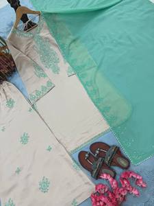 Ensemble de costume palazzo en soie romaine brodée de qualité supérieure avec travail de sequins de 3 mm et dupatta en faux georgette, vêtements ethniques pour femmes, export - Product Image 4
