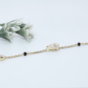 Elegant Solid Yellow Gold Bezel Set Lab Diamond Station <b>Bracelet</b> Black <b>Bead</b> Link Chain Dainty Mangalsutra Wristlet Custom Fine - Product Image 4