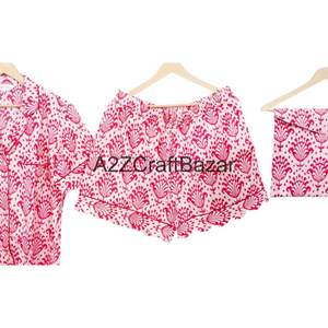 Ensemble de pyjama décontracté en coton pur 100% imprimé à la main, style kangourou, manches courtes, col en V, coupe trapèze, avec poches, doux et respirant - Product Image 3