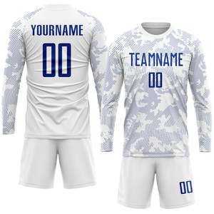Conjunto de Uniforme de Fútbol Personalizado Blanco con Patrón de Ondas Azul Marino, Jersey de Fútbol Sublimado Ligero Unisex para Partido de Equipo, 100% Poliéster - Product Image 4