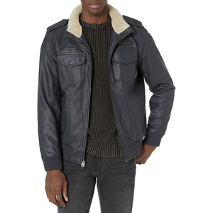 Men's Black PU <b>Leather</b> Moto <b>Jacket</b> With Faux Fur Collar Zip Front Flap Pockets Windproof <b>Winter</b> Wear - Product Image 1