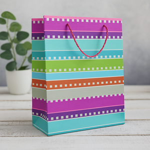 Vibrant multicolor striped gift bag with <b>red</b> rope handle reusable <b>paper</b> tote for birthdays parties weddings and special occasion - Product Image 5