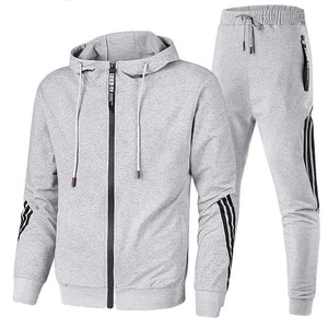 New Arrival Men's Slim Fit Tracksuit With Drawstring Hoodie & Full Front Zipper Men's Side Stripe Front Zip Hooded Sweatsuit - Product Image 1