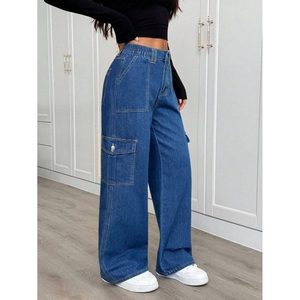 Vaqueros de mezclilla para mujer, estilo moderno y atrevido, azul piedra, multibolsillos, 100% algodón, ecológicos, transpirables, de cintura alta, estilo vintage, a la moda - Product Image 2