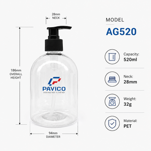 Bouteille de shampooing transparente en PET de 520 ml, ronde, avec pompe noire de 28 mm pour l'emballage de gel douche et de lotion, fabricant au Vietnam - Product Image 2