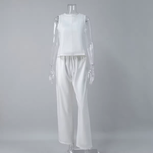 Women's <b>Linen</b> 2 Piece <b>Set</b> Sleeveless O-Neck Top And Wide Leg Drawstring Pants - Product Image 2
