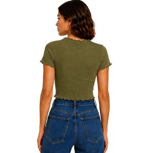 Olive Green Ribbed Crop <b>Top</b> Women Short Sleeve Lettuce Trim Crew Neck Cotton Spandex Slim Fit Casual Summer T Shirt Custom OEM - Product Image 2
