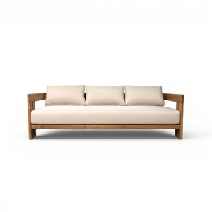 Sofá de Madera de Teca Sólida Indonesiana Hecho a Mano, Sofá de 3 Plazas para Exteriores, Muebles Modernos para Patio con Cojines Color Crema para Hoteles y Villas - Product Image 1