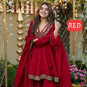 Premium Chinon Fabric <b>Kurti</b> Plazzo Set with Heavy Mirror Neck Design - Product Image 1