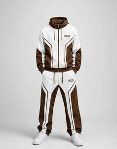 ONETEN APPARELS <b>Men</b> <b>White</b> Brown Color Block Waterproof Acid Wash Tracksuit Hooded Zipper Full Sleeve Casual <b>Joggers</b> Sweatshirt - Product Image 1