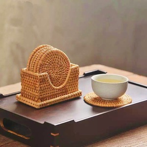 Natural Rattan Eco-Friendly Vintage <b>Coaster</b> <b>Set</b> <b>with</b> <b>Holder</b> Handmade 10cm Round Customizable Drink <b>Coasters</b> - Product Image 2