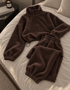 Ensemble de survêtement en polaire de couleur unie pour femme, pull à capuche à demi-zip et pantalon de jogging à taille élastique, ensemble confortable d'hiver en deux pièces - Product Image 5