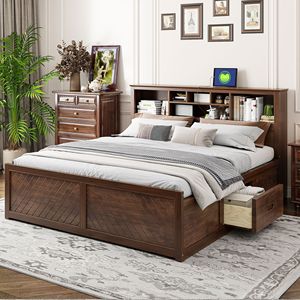 Letto King-Size con Piattaforma in Legno Anticato, Testiera Multi-Scomparto e Cassetti con Porte USB - Product Image 1