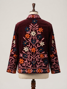 OEM Custom <b>Women</b> Floral Embroidered Maroon <b>Velvet</b> Jacket Boho Short Open Front <b>Coat</b> Vintage Winter Ethnic Outerwear Wholesale - Product Image 2