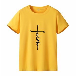 เสื้อยืดผู้หญิงพิมพ์ลาย FAITH แบบกำหนดเอง คอเสื้อแบบสั้น แขนสั้น เป็นมิตรกับสิ่งแวดล้อม แฟชั่น ขายส่ง ราคาถูก ตกแต่งด้วยแพทช์ - Product Image 3