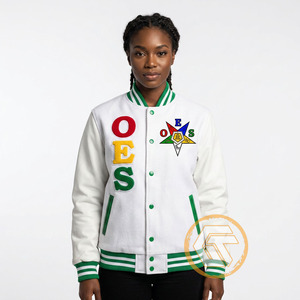 OES Embroidered Varsity <b>Jacket</b> White Green Lettering <b>Star</b> Patch Women's Autumn Wear - Product Image 1