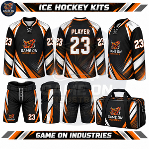 Ensemble de vêtements de hockey sur glace personnalisés à sublimation numérique, maillot à manches longues, pantalon rembourré, sacs d'équipement assortis, 100% coton, vente chaude - Product Image 3