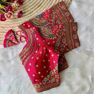 เสื้อผ้าไหมอิตาลีสำหรับเจ้าสาว ดีไซน์เนอร์ออกแบบ ตกแต่งด้วยผ้าทริคอต บุฟองน้ำด้านหลัง ติดกระดุมแบบเปิดด้านหลัง เหมาะสำหรับงานแต่งงาน ชุดสาหรี่แบบลำลอง แต่งตัวแฟนซี - Product Image 3