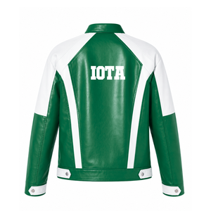 Custom Iota Phi Lambda Sorority Leather <b>jacket</b> green & <b>white</b> Embroidered logo Casual Style for female with polyester lining - Product Image 3