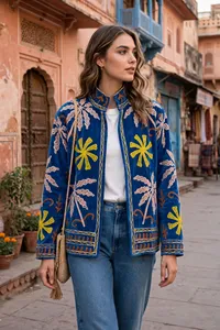 <strong>Royal</strong> <strong>Blue</strong> Velvet Cotton Suzani Embroidered <strong>Jacket</strong> <strong>Women</strong> Handmade Tropical Palm Floral Boho Ethnic Fashion Coat Wholesale - Product Image 6
