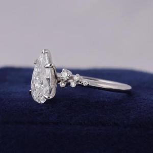 Solid White Gold Pear Cut Diamond <b>Ring</b> Prong Setting Simple Round Side Stone <b>Plain</b> Band Elegant Solitaire Bridal Engagement - Product Image 4