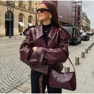 Fashion Women Leather <b>Jacket</b> Oversized Loose Fit PU Coat <b>Ladies</b> Wine Red Biker Outerwear Streetwear Top - Product Image 5