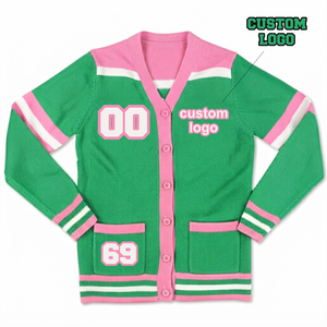 <b>Custom</b> Pink Green Umri Sports Cardigan Women Knit Button Sweater Chenille Logo Greek Apparel Long Sleeve Stylish Fit Contrast - Product Image 1