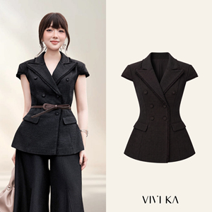 Chaleco Blazer Elegante de Tweed Negro para Mujer, Diseño Personalizado para Oficina y Negocios, Doble Botonadura y Manga Corta, Modelo ELENA, ODM OEM - Product Image 1