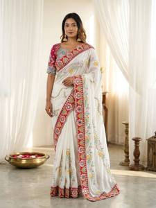Sari en soie Rangoli de la marque Designer Dori avec broderie à sequins, accompagné d'un chemisier en soie Banglory mono entièrement brodé. - Product Image 3