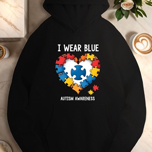 Sudaderas con capucha de punto con capucha azul informal para mujer con diseño impreso de concientización sobre el autismo I WEAR BLUE - Product Image 2