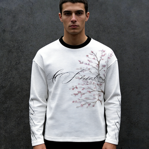 <b>White</b> Heat <b>Throw</b> Long Sleeve T Shirt Ribbed Crew Neck Cherry Blossom Script Casual Leisure Top - Product Image 2