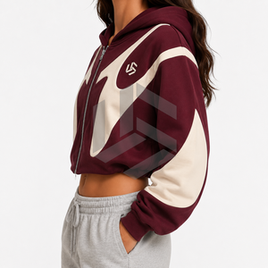 Women's <b>Cropped</b> <b>Zip</b>-<b>Up</b> Hoodie Color Blocked Maroon for Full Sleeve Hooded Sweatshirt Breathable Knitted Fabric Winter Front - Product Image 6