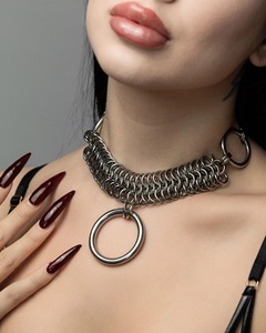 Stainless Steel <b>Silver</b>-Plated Chainmaille Choker with O-<b>Ring</b> Pendant Angelica-Antique Modern Design - Product Image 3