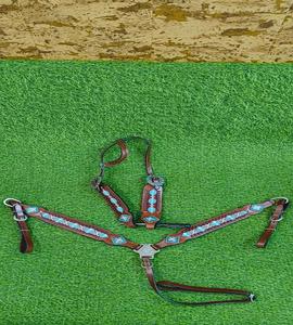 Horse breast collar western <b>leather</b> tack chest <b>harness</b> geometric bead concho stud adjustable strap riding halter gear set - Product Image 4