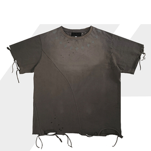 T-shirt en maille gris oversize pour homme, manches courtes, col rond, style urbain, couleur unie, délavé à l'acide, design vierge, longueur standard - Product Image 5