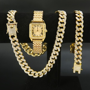 192062 Ensemble de bijoux pour homme 3 pièces - Montre élégante et collier et bracelet à maillons cubains - Product Image 1