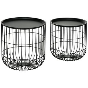 Black Nest of <b>Coffee</b> <b>Tables</b> with Steel <b>Wired</b> Basket Body and Removable Slate Top Center <b>Table</b> for Living Room - Product Image 1