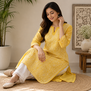 Elegant Yellow Floral Embroidered Kurti for Women, Long Sleeve Straight Fit <b>Indian</b> Ethnic <b>Kurta</b> for Casual & Festive Wear - Product Image 4